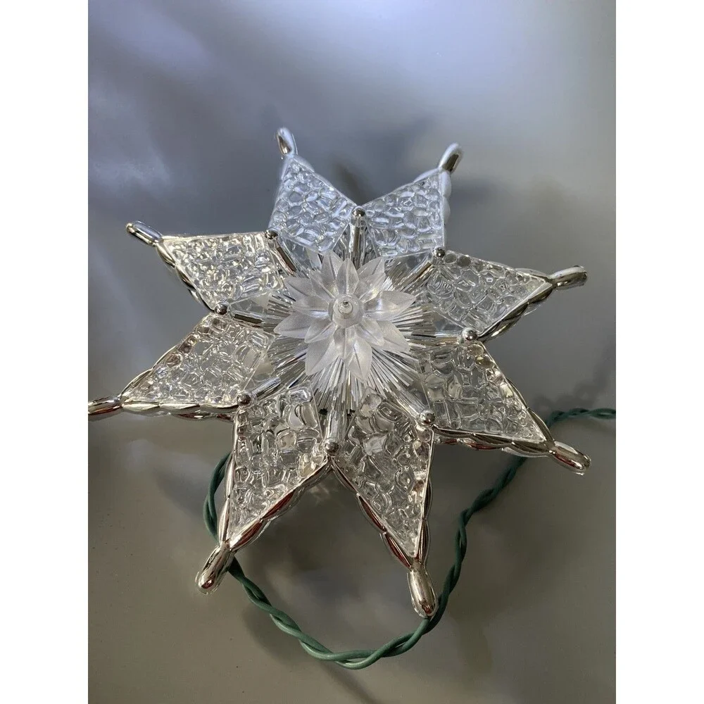 Christmas Lighted 8 Point STAR Tree Topper 2 Sided Acrylic Textured Tinsel